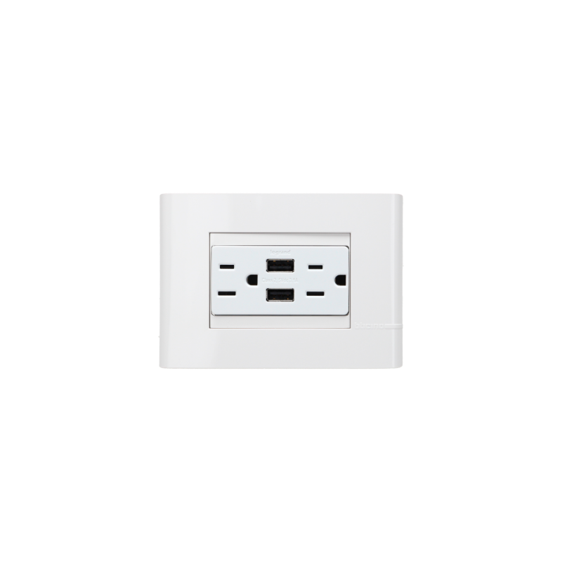 D 1 CONTACTO DUPLEX POLARIZADO Y ATERRIZADO CON PROTECCION INFANTIL Y DOS SALIDAS USB INCLUYE PLACA